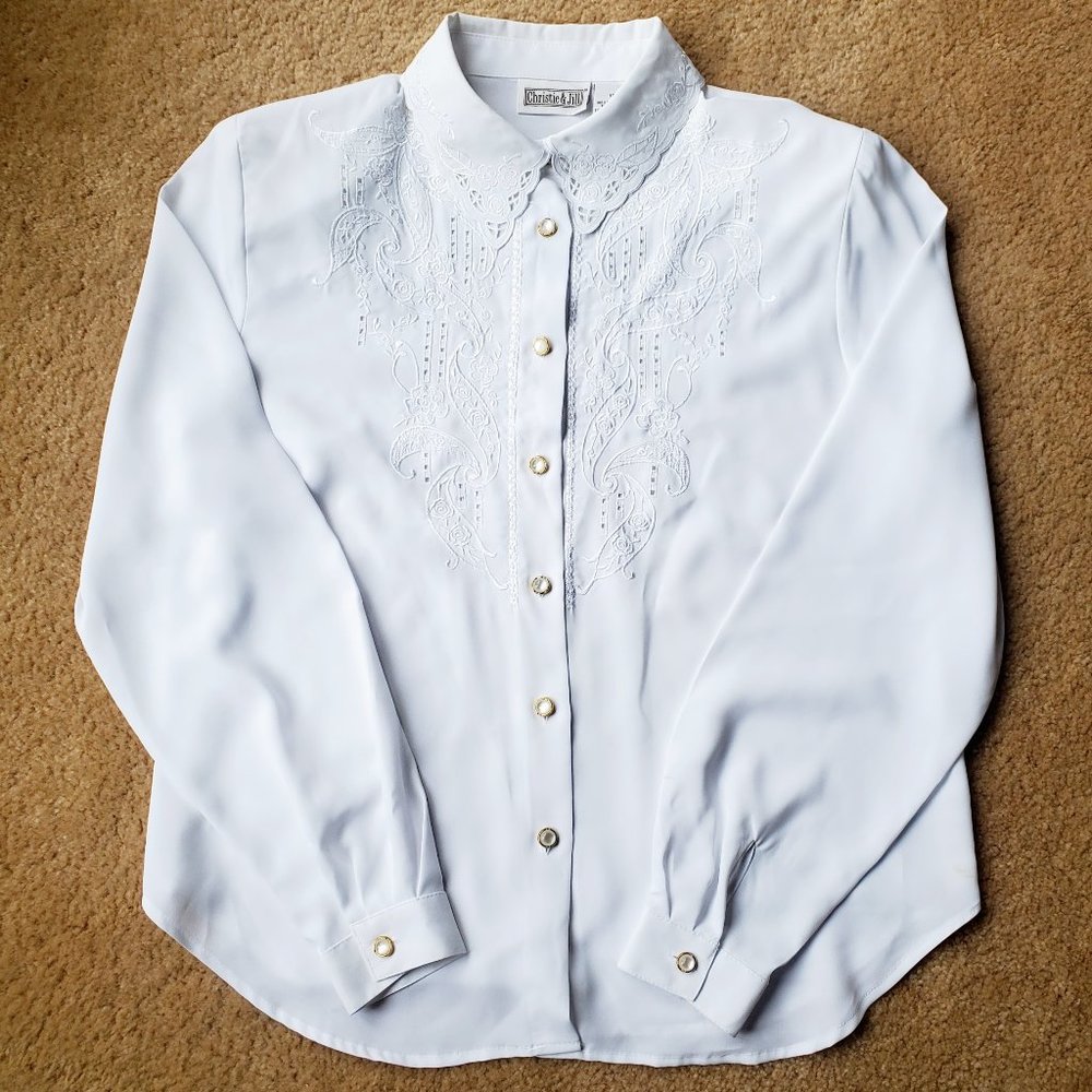 Vintage Christie & Jill Embroidered Lace Long Sleeve Blouse White Womens Size 12